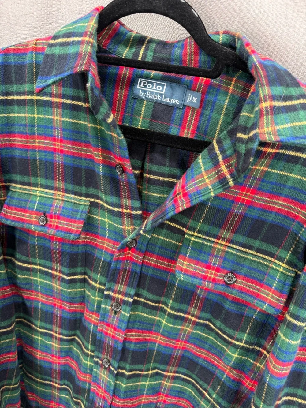 Polo Ralph Lauren Shirt Mens Medium Plaid Flannel Elbow Suede Patches Pockets